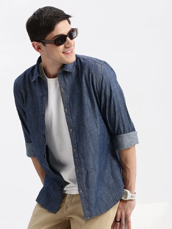 Men's Moisture - Wicking Performance Fabric Casual Shirts for Outdoor ActivitiesMen Spread Collar Solid Blue Shirt Men's Moisture - Wicking Performance Fabric Casual Shirts for Outdoor ActivitiesMen Spread Collar Solid Blue Shirt