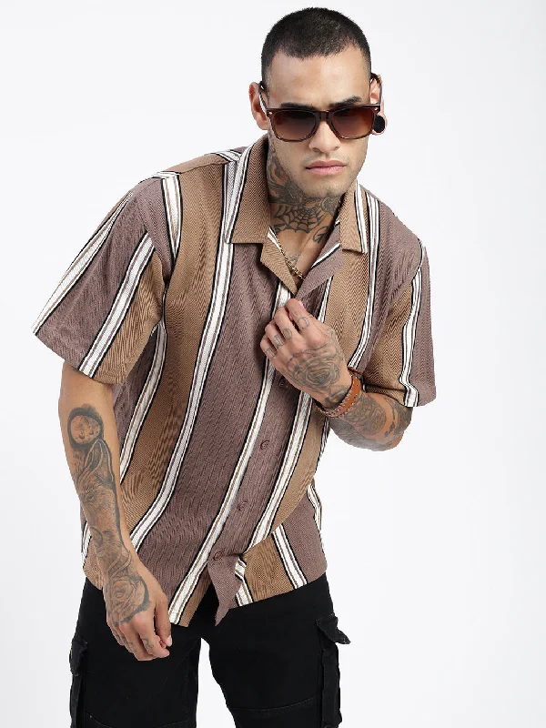 Men's Graphic - Printed Casual Shirts with Pop - Culture References for a Fun and Stylish LookMen Striped Brown Relaxed Fit Shirt Men's Graphic - Printed Casual Shirts with Pop - Culture References for a Fun and Stylish LookMen Striped Brown Relaxed Fit Shirt