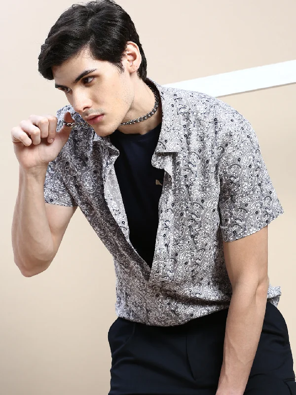 Men's Slim - Fit Printed Floral Casual Shirts in Pastel Colors for a Spring - Inspired VibeMen Grey Printed Casual Shirt Men's Slim - Fit Printed Floral Casual Shirts in Pastel Colors for a Spring - Inspired VibeMen Grey Printed Casual Shirt