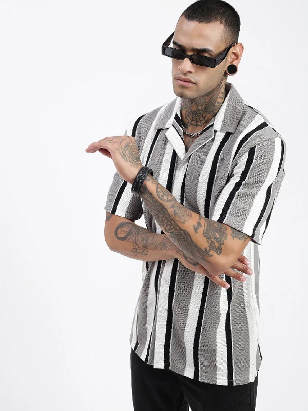 Men's Sustainable Recycled Material Casual Shirts for Eco - Conscious ConsumersMen Striped Grey Relaxed Fit Shirt Men's Sustainable Recycled Material Casual Shirts for Eco - Conscious ConsumersMen Striped Grey Relaxed Fit Shirt