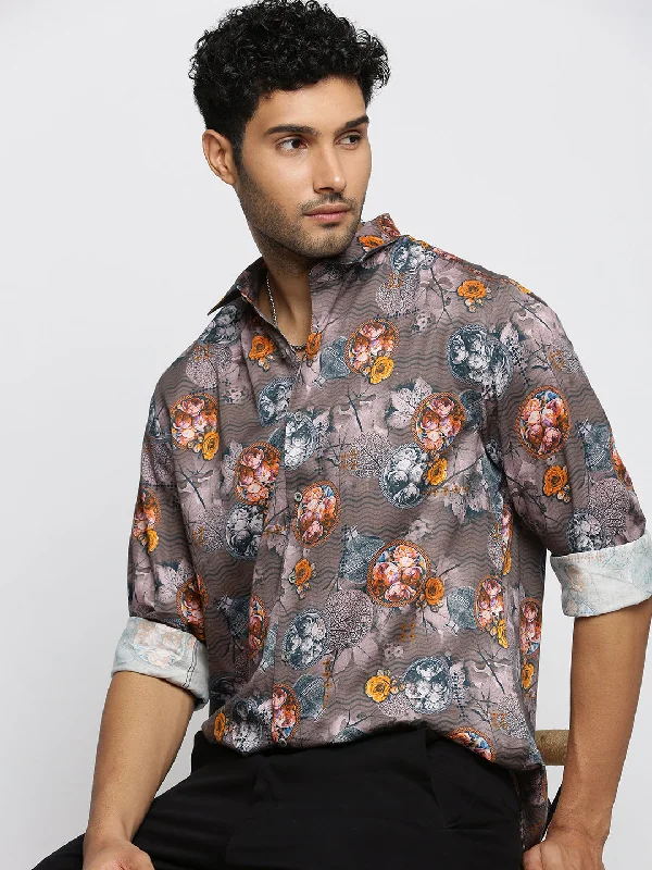 Men's Slim - Fit Printed Floral Casual Shirts in Pastel Colors for a Spring - Inspired VibeMen Grey Spread Collar Floral Shirt Men's Slim - Fit Printed Floral Casual Shirts in Pastel Colors for a Spring - Inspired VibeMen Grey Spread Collar Floral Shirt