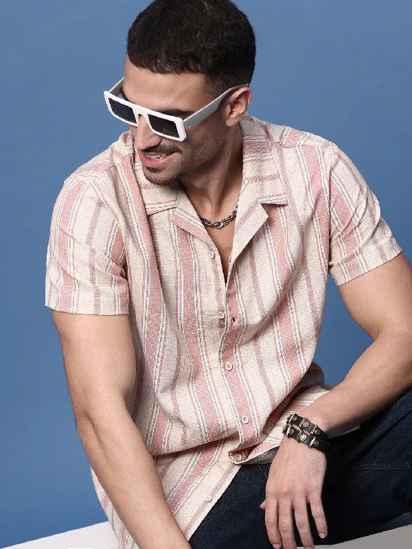 Men's Embroidered Detail Casual Shirts in Beige for a Touch of EleganceMen Peach Cuban Collar Striped Shirt Men's Embroidered Detail Casual Shirts in Beige for a Touch of EleganceMen Peach Cuban Collar Striped Shirt