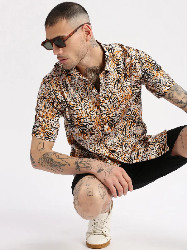 Men's Two - Tone Contrast Panel Casual Shirts in White and Navy for a Stylish and Eye - Catching DesignMen Spread Collar Animal Orange Casual Shirt Men's Two - Tone Contrast Panel Casual Shirts in White and Navy for a Stylish and Eye - Catching DesignMen Spread Collar Animal Orange Casual Shirt