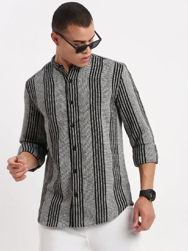 Men's Wrinkle - Resistant Polyester Blend Casual Shirts for Easy Travel and MaintenanceMen Mandarin Collar Striped Grey Shirt