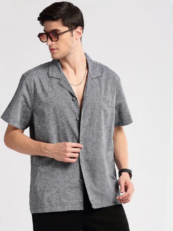 Men's Stretch - Fabric Casual Shirts in Navy Blue for a Comfortable and Flexible FitMen Cuban Collar Solid Grey Casual Shirt Men's Stretch - Fabric Casual Shirts in Navy Blue for a Comfortable and Flexible FitMen Cuban Collar Solid Grey Casual Shirt