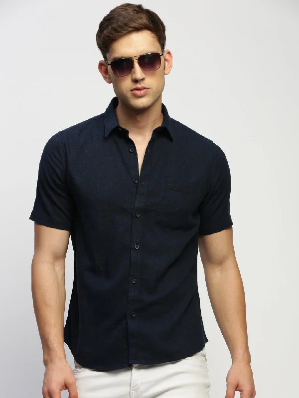 Men's Short - Sleeve Linen Casual Shirts in Light Khaki for a Breathable Summer OptionMen Navy Solid Shirt Men's Short - Sleeve Linen Casual Shirts in Light Khaki for a Breathable Summer OptionMen Navy Solid Shirt