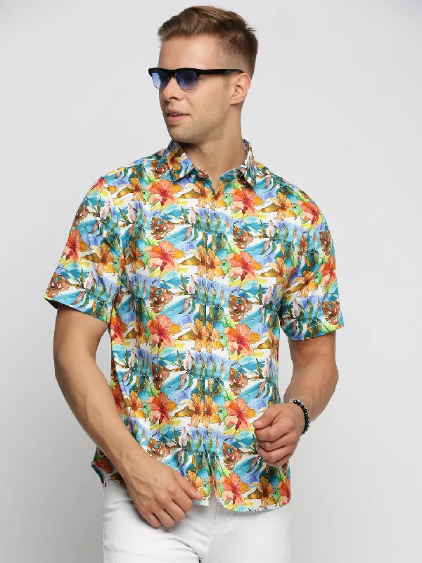 Men's Linen Blend Casual Shirts with Roll - Up Sleeves for a Summer Beach LookMen Blue Spread Collar Floral Shirt Men's Linen Blend Casual Shirts with Roll - Up Sleeves for a Summer Beach LookMen Blue Spread Collar Floral Shirt