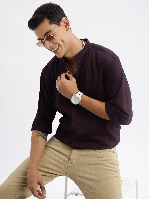 Men's Short - Sleeve Linen Casual Shirts in Light Khaki for a Breathable Summer OptionMen Mandarin Collar Solid Slim Fit Purple Shirt