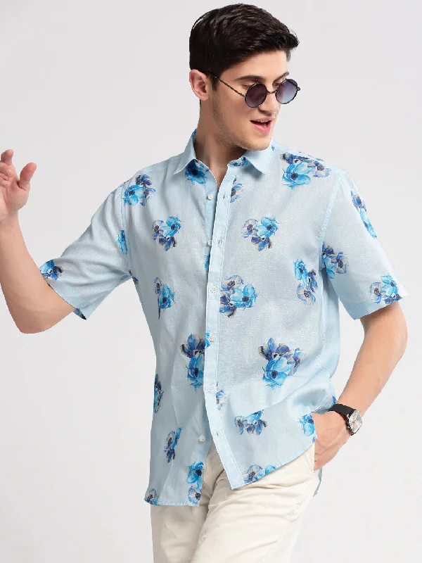 Men's Short - Sleeve Linen Casual Shirts in Light Khaki for a Breathable Summer OptionMen Spread Collar Floral Blue Casual Shirt Men's Short - Sleeve Linen Casual Shirts in Light Khaki for a Breathable Summer OptionMen Spread Collar Floral Blue Casual Shirt
