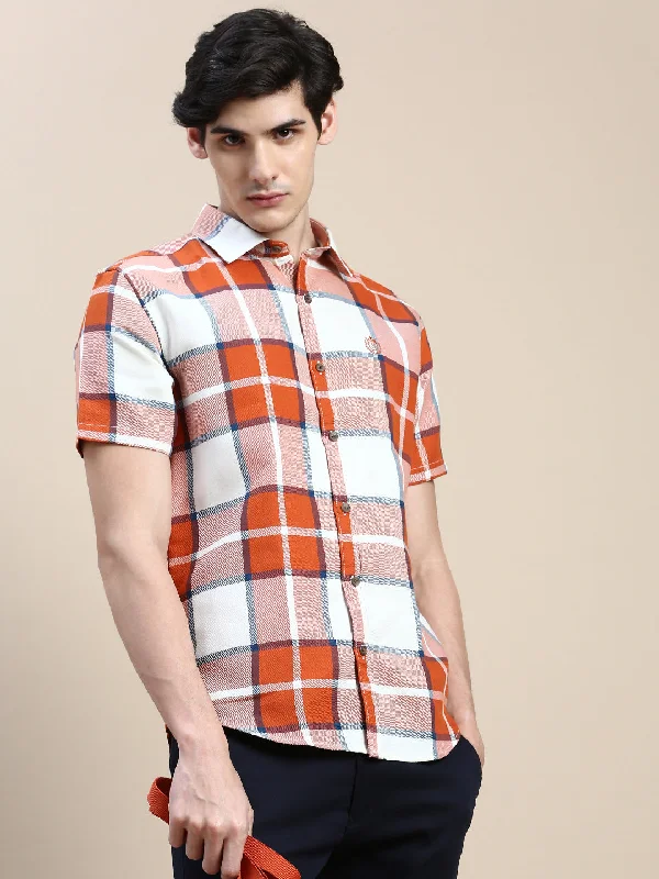 Men's Retro - Style Hawaiian Print Casual Shirts in Bold Patterns for a Tropical VacationMen Orange Checked Casual Shirt Men's Retro - Style Hawaiian Print Casual Shirts in Bold Patterns for a Tropical VacationMen Orange Checked Casual Shirt