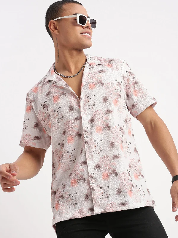 Men's Button - Down Oxford Casual Shirts in Crisp White for a Classic and Versatile StyleMen Cuban Collar Abstract Off White Shirt Men's Button - Down Oxford Casual Shirts in Crisp White for a Classic and Versatile StyleMen Cuban Collar Abstract Off White Shirt