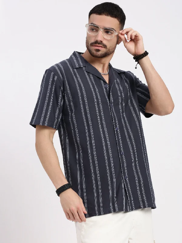 Men's Two - Tone Contrast Panel Casual Shirts in White and Navy for a Stylish and Eye - Catching DesignMen Grey Cuban Collar Striped Shirt Men's Two - Tone Contrast Panel Casual Shirts in White and Navy for a Stylish and Eye - Catching DesignMen Grey Cuban Collar Striped Shirt