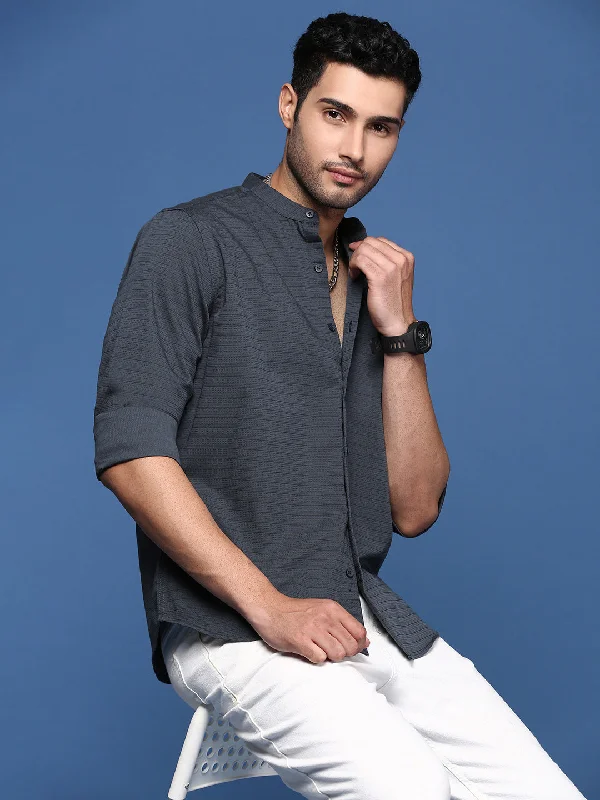 Men's Two - Tone Contrast Panel Casual Shirts in White and Navy for a Stylish and Eye - Catching DesignMen Mandarin Collar Solid Grey Slim Fit Shirt Men's Two - Tone Contrast Panel Casual Shirts in White and Navy for a Stylish and Eye - Catching DesignMen Mandarin Collar Solid Grey Slim Fit Shirt