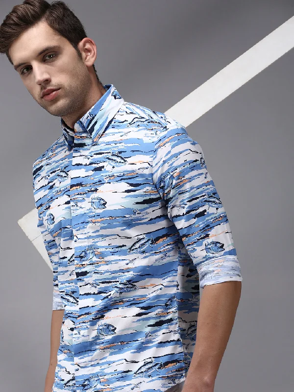 Men's Stretch - Fabric Casual Shirts in Navy Blue for a Comfortable and Flexible FitMen Multi Printed Casual Shirt Men's Stretch - Fabric Casual Shirts in Navy Blue for a Comfortable and Flexible FitMen Multi Printed Casual Shirt