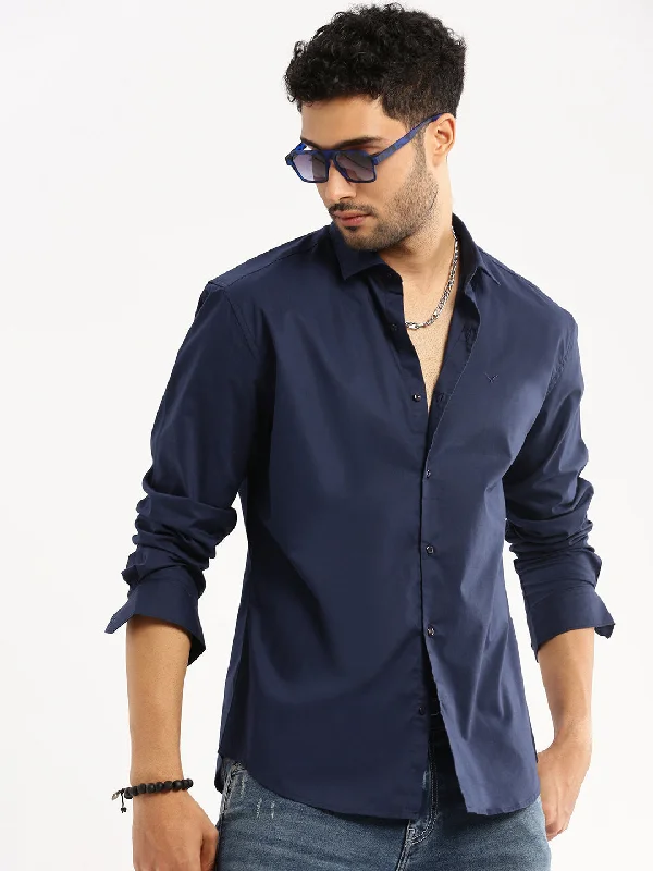 Men's Moisture - Wicking Performance Fabric Casual Shirts for Outdoor ActivitiesMen Navy Blue Spread Collar Solid Shirt Men's Moisture - Wicking Performance Fabric Casual Shirts for Outdoor ActivitiesMen Navy Blue Spread Collar Solid Shirt