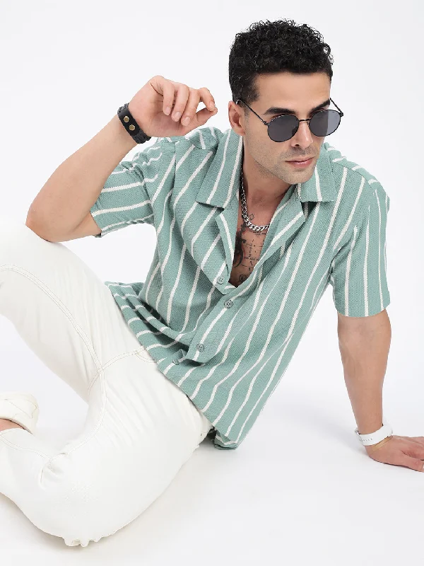 Men's Embroidered Detail Casual Shirts in Beige for a Touch of EleganceMen Striped Green Relaxed Fit Shirt Men's Embroidered Detail Casual Shirts in Beige for a Touch of EleganceMen Striped Green Relaxed Fit Shirt