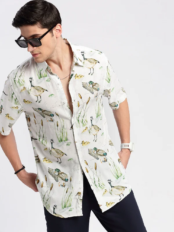 Men's Short - Sleeve Linen Casual Shirts in Light Khaki for a Breathable Summer OptionMen Spread Collar Animal Off White Casual Shirt Men's Short - Sleeve Linen Casual Shirts in Light Khaki for a Breathable Summer OptionMen Spread Collar Animal Off White Casual Shirt