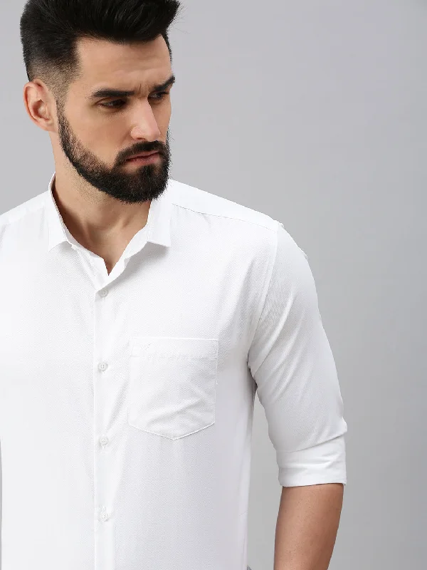 Men's Linen Blend Casual Shirts with Roll - Up Sleeves for a Summer Beach LookMen White Self Design Casual Shirt Men's Linen Blend Casual Shirts with Roll - Up Sleeves for a Summer Beach LookMen White Self Design Casual Shirt