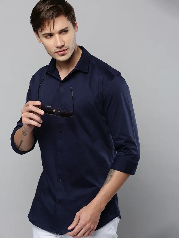 Men's Stretch - Fabric Casual Shirts in Navy Blue for a Comfortable and Flexible FitMen Navy Solid Casual Shirt Men's Stretch - Fabric Casual Shirts in Navy Blue for a Comfortable and Flexible FitMen Navy Solid Casual Shirt