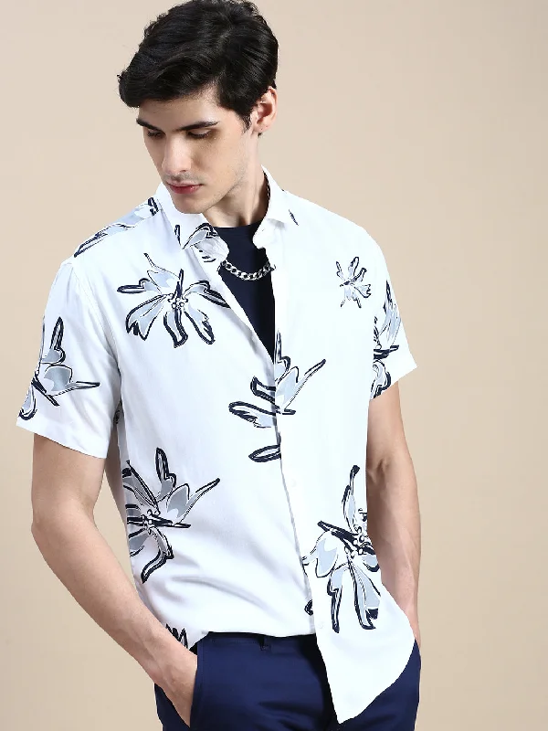 Men's Organic Cotton Casual Shirts with a Soft Handfeel for Everyday ComfortMen White Floral Casual Shirt Men's Organic Cotton Casual Shirts with a Soft Handfeel for Everyday ComfortMen White Floral Casual Shirt