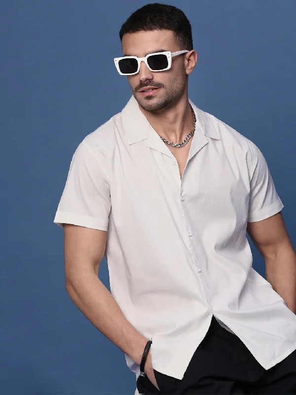 Men's Embroidered Detail Casual Shirts in Beige for a Touch of EleganceMen White Solid Cuban Collar Shirt Men's Embroidered Detail Casual Shirts in Beige for a Touch of EleganceMen White Solid Cuban Collar Shirt