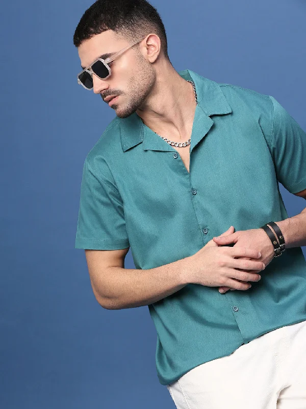 Men's Long - Line Oversized Casual Shirts in Dark Gray for a Relaxed and Modern LookMen Teal Solid Cuban Collar Shirt Men's Long - Line Oversized Casual Shirts in Dark Gray for a Relaxed and Modern LookMen Teal Solid Cuban Collar Shirt