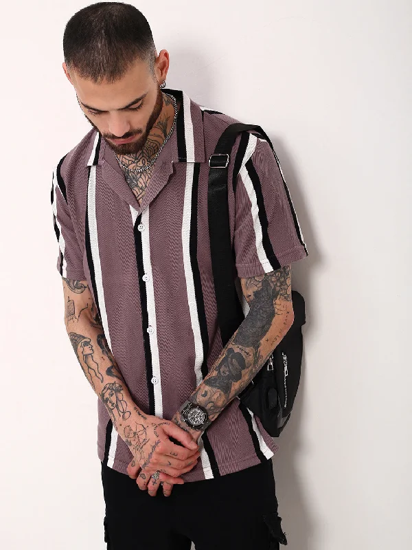 Men's Wrinkle - Resistant Polyester Blend Casual Shirts for Easy Travel and MaintenanceMen Purple Striped Cuban Collar Shirt Men's Wrinkle - Resistant Polyester Blend Casual Shirts for Easy Travel and MaintenanceMen Purple Striped Cuban Collar Shirt