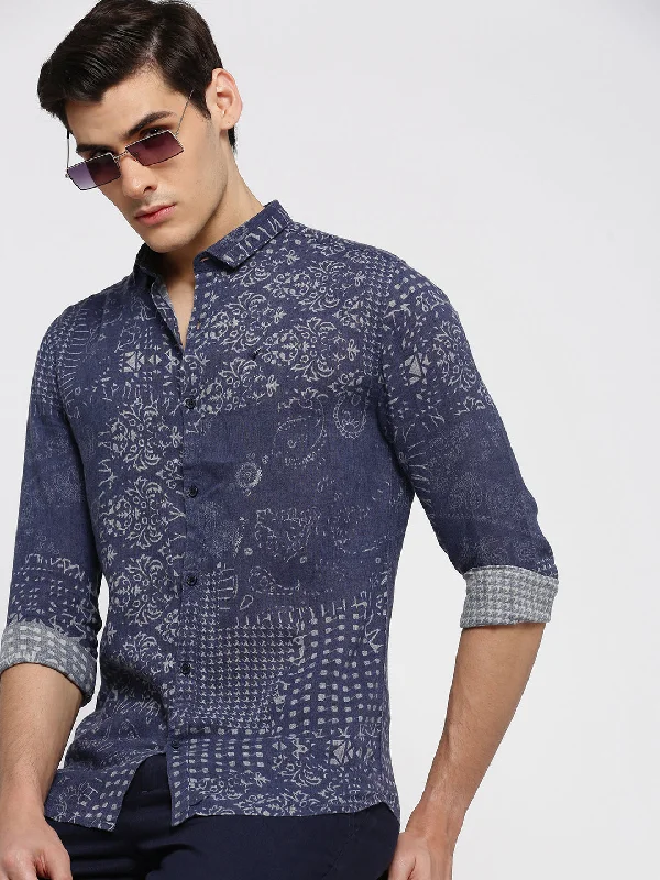 Men's Two - Tone Contrast Panel Casual Shirts in White and Navy for a Stylish and Eye - Catching DesignMen Blue Spread Collar Ethnic Motifs Shirt Men's Two - Tone Contrast Panel Casual Shirts in White and Navy for a Stylish and Eye - Catching DesignMen Blue Spread Collar Ethnic Motifs Shirt