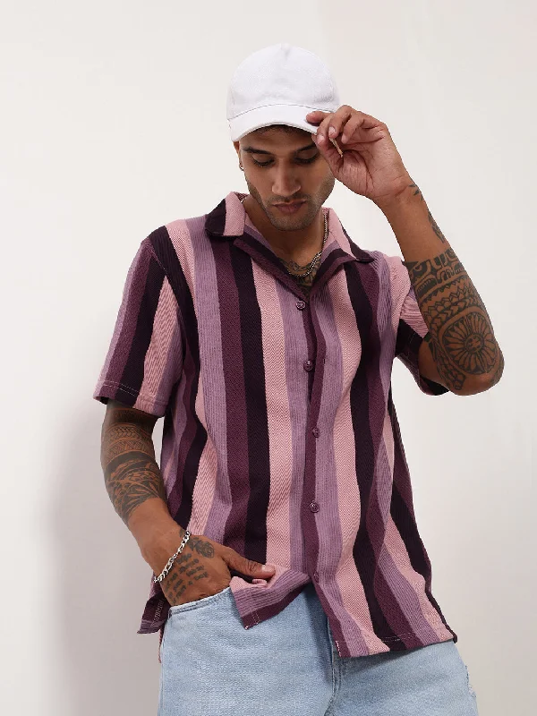Men's Retro - Style Hawaiian Print Casual Shirts in Bold Patterns for a Tropical VacationMen Purple Striped Cuban Collar Shirt Men's Retro - Style Hawaiian Print Casual Shirts in Bold Patterns for a Tropical VacationMen Purple Striped Cuban Collar Shirt