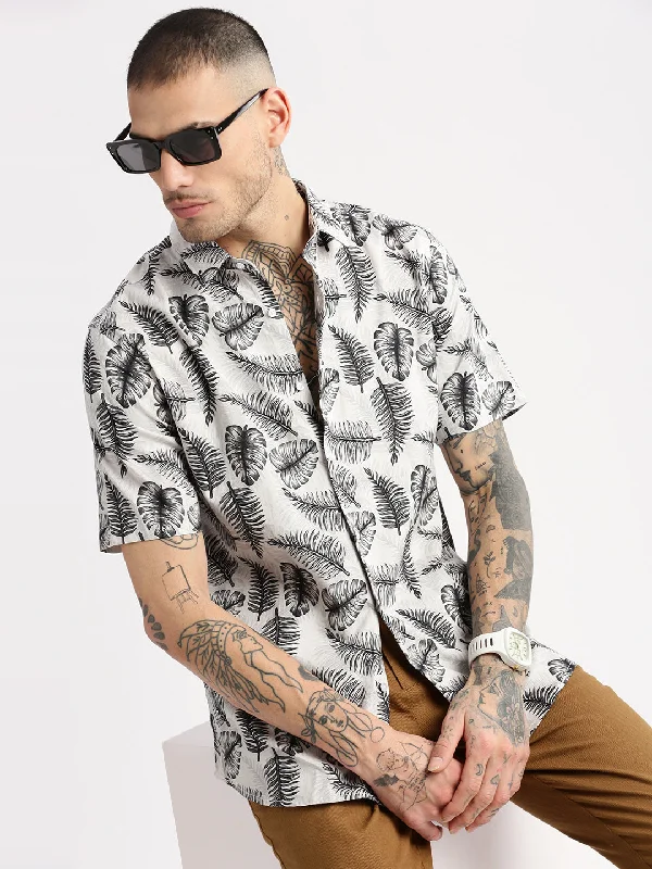 Men's Distressed Denim Casual Shirts with Frayed Edges for a Trendy and Rugged LookMen Spread Collar Floral Grey Casual Shirt