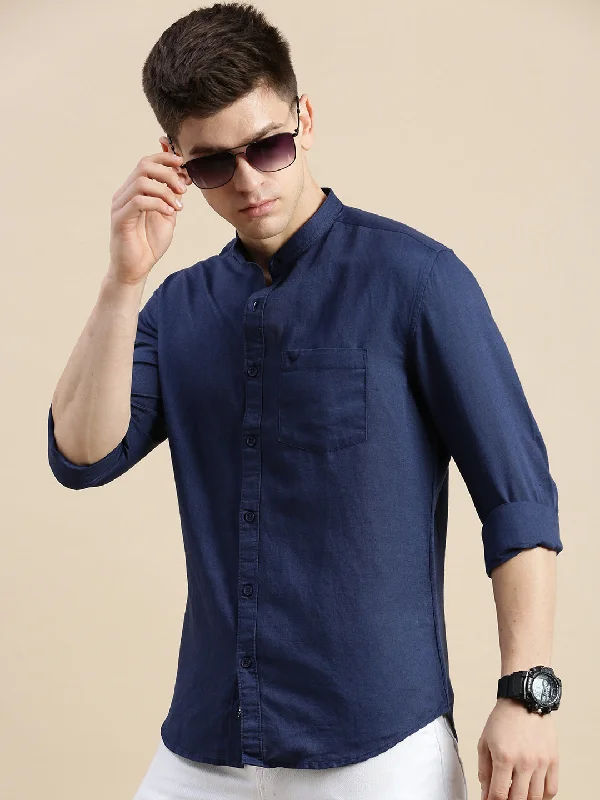 Men's Button - Down Oxford Casual Shirts in Crisp White for a Classic and Versatile StyleMen Mandarin Collar Solid Navy Blue Shirt Men's Button - Down Oxford Casual Shirts in Crisp White for a Classic and Versatile StyleMen Mandarin Collar Solid Navy Blue Shirt