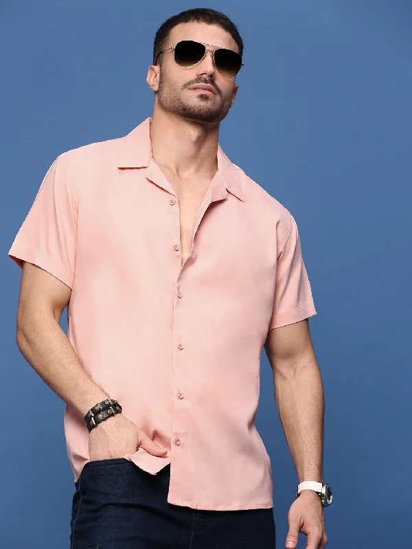 Men's Stretch - Fabric Casual Shirts in Navy Blue for a Comfortable and Flexible FitMen Peach Solid Cuban Collar Shirt Men's Stretch - Fabric Casual Shirts in Navy Blue for a Comfortable and Flexible FitMen Peach Solid Cuban Collar Shirt