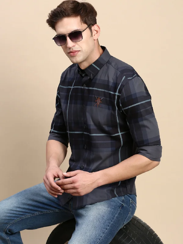 Men's Slim - Fit Printed Floral Casual Shirts in Pastel Colors for a Spring - Inspired VibeMen Navy Checked Casual Shirt Men's Slim - Fit Printed Floral Casual Shirts in Pastel Colors for a Spring - Inspired VibeMen Navy Checked Casual Shirt