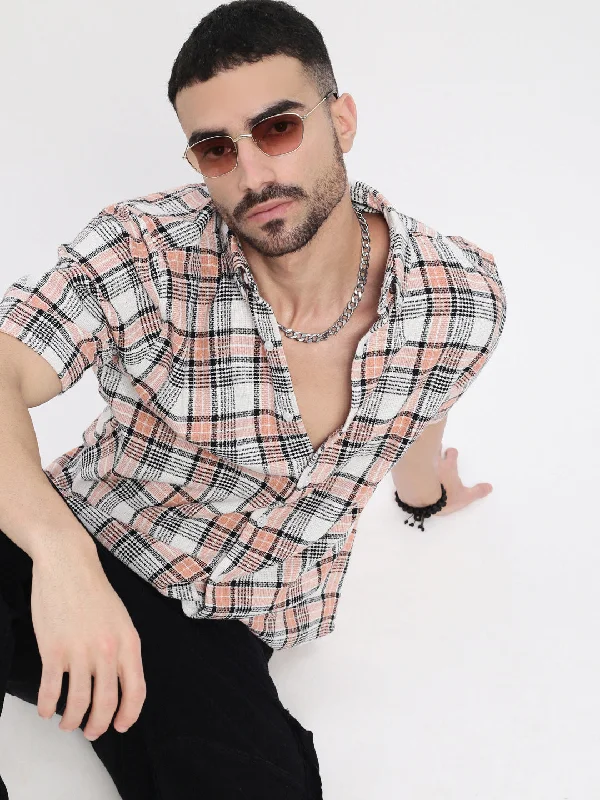 Plus Size Men's Plaid Flannel Casual Shirts in Earth Tones for a Cozy Fall OutfitMen Peach Checked Slim Fit Shirt Plus Size Men's Plaid Flannel Casual Shirts in Earth Tones for a Cozy Fall OutfitMen Peach Checked Slim Fit Shirt