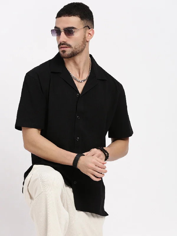 Men's Distressed Denim Casual Shirts with Frayed Edges for a Trendy and Rugged LookMen Black Cuban Collar Solid Shirt Men's Distressed Denim Casual Shirts with Frayed Edges for a Trendy and Rugged LookMen Black Cuban Collar Solid Shirt