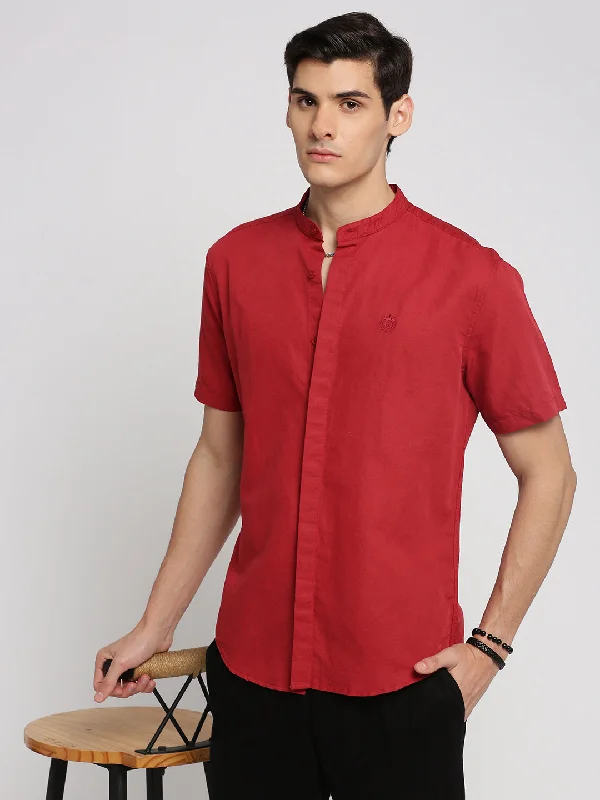 Plus Size Men's Striped Chambray Casual Shirts with a Spread Collar for a Preppy AppearanceMen Red Mandarin Collar Solid Shirt Plus Size Men's Striped Chambray Casual Shirts with a Spread Collar for a Preppy AppearanceMen Red Mandarin Collar Solid Shirt