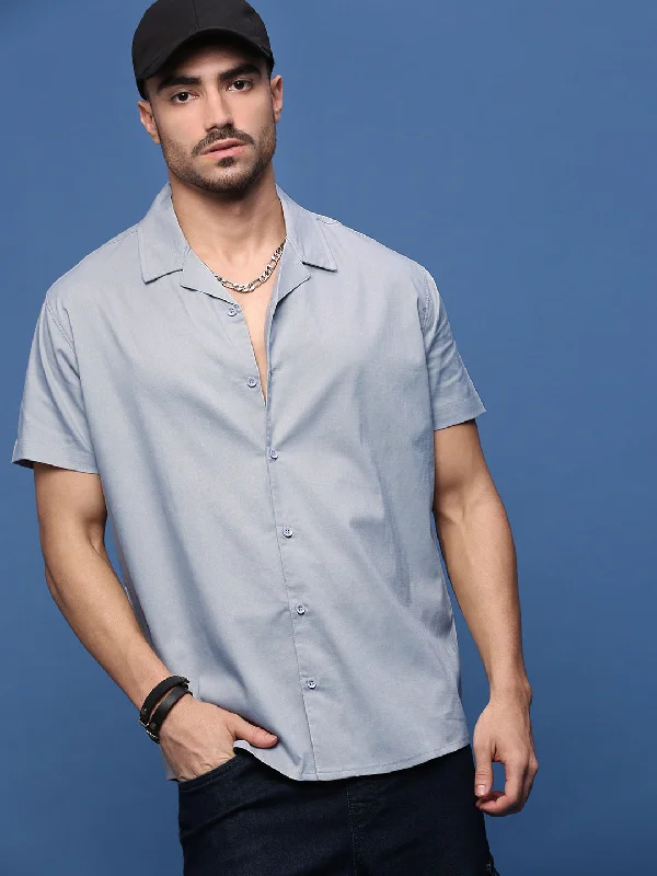 Plus Size Men's Plaid Flannel Casual Shirts in Earth Tones for a Cozy Fall OutfitMen Blue Solid Cuban Collar Shirt Plus Size Men's Plaid Flannel Casual Shirts in Earth Tones for a Cozy Fall OutfitMen Blue Solid Cuban Collar Shirt