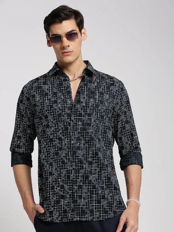 Men's Organic Cotton Casual Shirts with a Soft Handfeel for Everyday ComfortMen Navy Blue Spread Collar Geometric Shirt Men's Organic Cotton Casual Shirts with a Soft Handfeel for Everyday ComfortMen Navy Blue Spread Collar Geometric Shirt