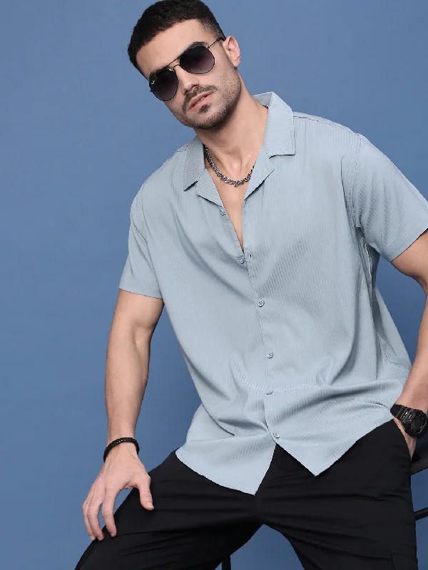 Men's Wrinkle - Resistant Polyester Blend Casual Shirts for Easy Travel and MaintenanceMen Blue Cuban Collar Shirt Men's Wrinkle - Resistant Polyester Blend Casual Shirts for Easy Travel and MaintenanceMen Blue Cuban Collar Shirt