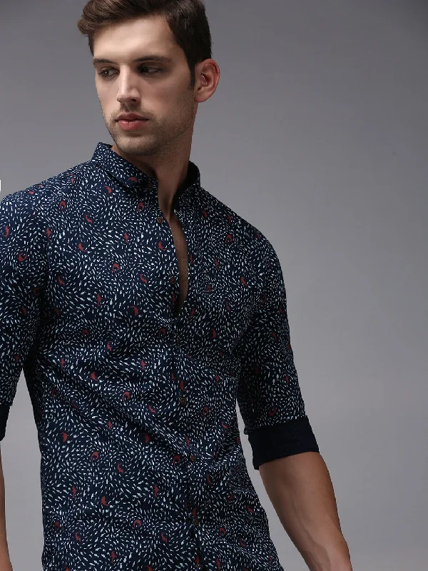 Men's Linen Blend Casual Shirts with Roll - Up Sleeves for a Summer Beach LookMen Blue Printed Casual Shirt Men's Linen Blend Casual Shirts with Roll - Up Sleeves for a Summer Beach LookMen Blue Printed Casual Shirt
