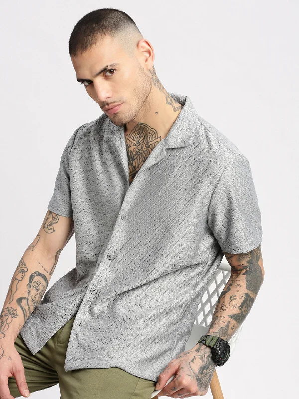Men's Button - Down Oxford Casual Shirts in Crisp White for a Classic and Versatile StyleMen Cuban Collar Solid Grey Crochet Shirt Men's Button - Down Oxford Casual Shirts in Crisp White for a Classic and Versatile StyleMen Cuban Collar Solid Grey Crochet Shirt
