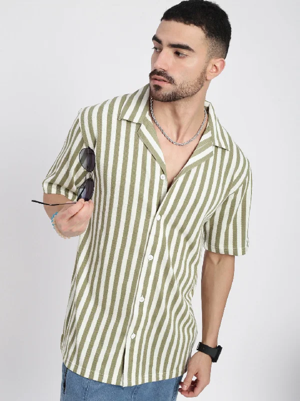 Men's Sustainable Recycled Material Casual Shirts for Eco - Conscious ConsumersMen Olive Cuban Collar Striped Shirt Men's Sustainable Recycled Material Casual Shirts for Eco - Conscious ConsumersMen Olive Cuban Collar Striped Shirt