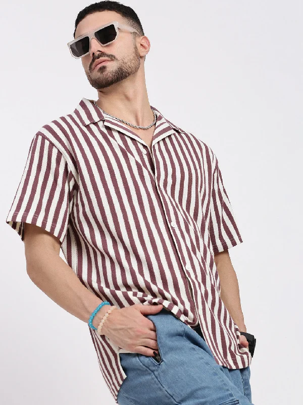 Men's Organic Cotton Casual Shirts with a Soft Handfeel for Everyday ComfortMen Purple Cuban Collar Striped Shirt Men's Organic Cotton Casual Shirts with a Soft Handfeel for Everyday ComfortMen Purple Cuban Collar Striped Shirt