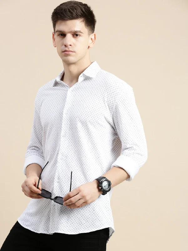 Men's Stretch - Fabric Casual Shirts in Navy Blue for a Comfortable and Flexible FitMen White Geometrical Casual Shirt Men's Stretch - Fabric Casual Shirts in Navy Blue for a Comfortable and Flexible FitMen White Geometrical Casual Shirt