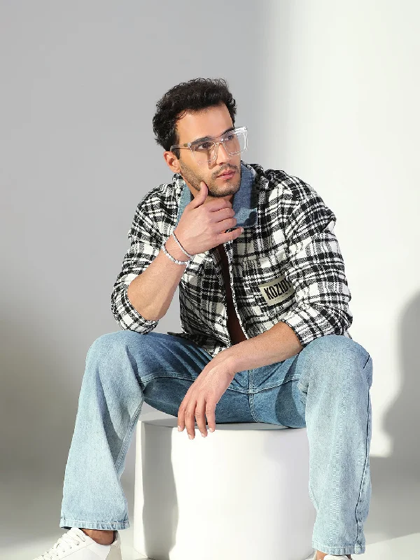 Men's Linen Blend Casual Shirts with Roll - Up Sleeves for a Summer Beach LookMen Checked White Oversized Shacket Men's Linen Blend Casual Shirts with Roll - Up Sleeves for a Summer Beach LookMen Checked White Oversized Shacket