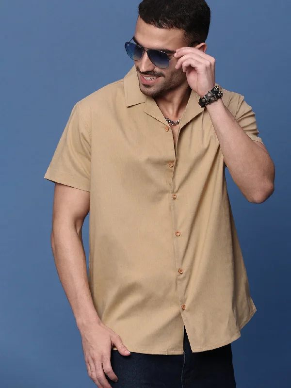 Men's Button - Down Oxford Casual Shirts in Crisp White for a Classic and Versatile StyleMen Beige Solid Cuban Collar Shirt Men's Button - Down Oxford Casual Shirts in Crisp White for a Classic and Versatile StyleMen Beige Solid Cuban Collar Shirt