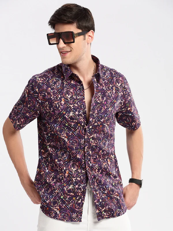 Men's Linen Blend Casual Shirts with Roll - Up Sleeves for a Summer Beach LookMen Spread Collar Abstract Purple Casual Shirt Men's Linen Blend Casual Shirts with Roll - Up Sleeves for a Summer Beach LookMen Spread Collar Abstract Purple Casual Shirt