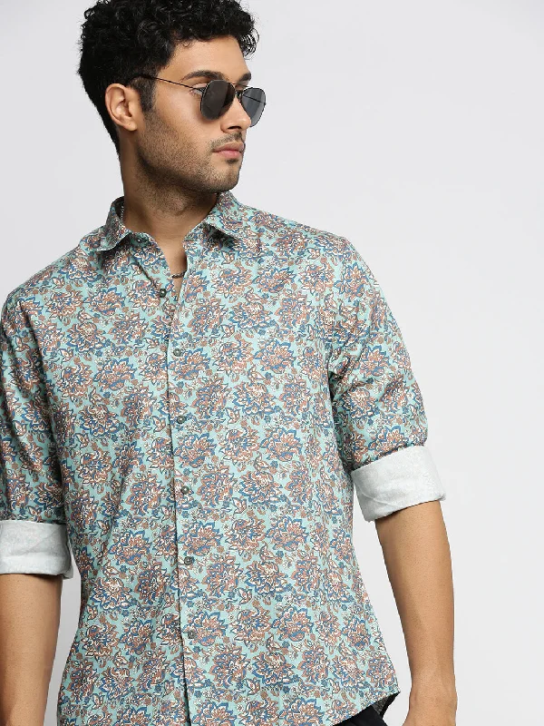 Men's Slim - Fit Printed Floral Casual Shirts in Pastel Colors for a Spring - Inspired VibeMen Sea Green Spread Collar Floral Shirt Men's Slim - Fit Printed Floral Casual Shirts in Pastel Colors for a Spring - Inspired VibeMen Sea Green Spread Collar Floral Shirt