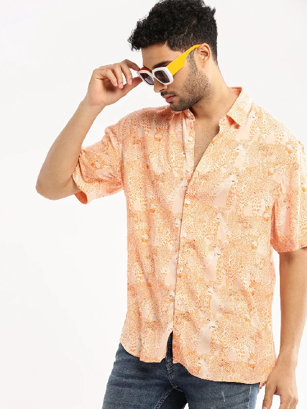 Men's Two - Tone Contrast Panel Casual Shirts in White and Navy for a Stylish and Eye - Catching DesignMen Orange Spread Collar Abstract Shirt Men's Two - Tone Contrast Panel Casual Shirts in White and Navy for a Stylish and Eye - Catching DesignMen Orange Spread Collar Abstract Shirt