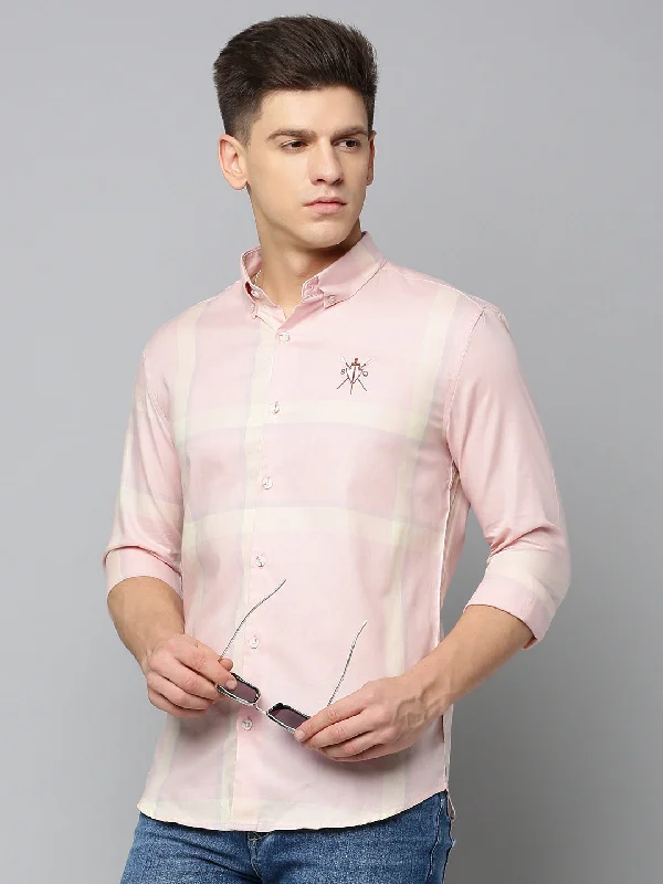 Men's Wrinkle - Resistant Polyester Blend Casual Shirts for Easy Travel and MaintenanceMen Peach Checked Casual Shirt Men's Wrinkle - Resistant Polyester Blend Casual Shirts for Easy Travel and MaintenanceMen Peach Checked Casual Shirt